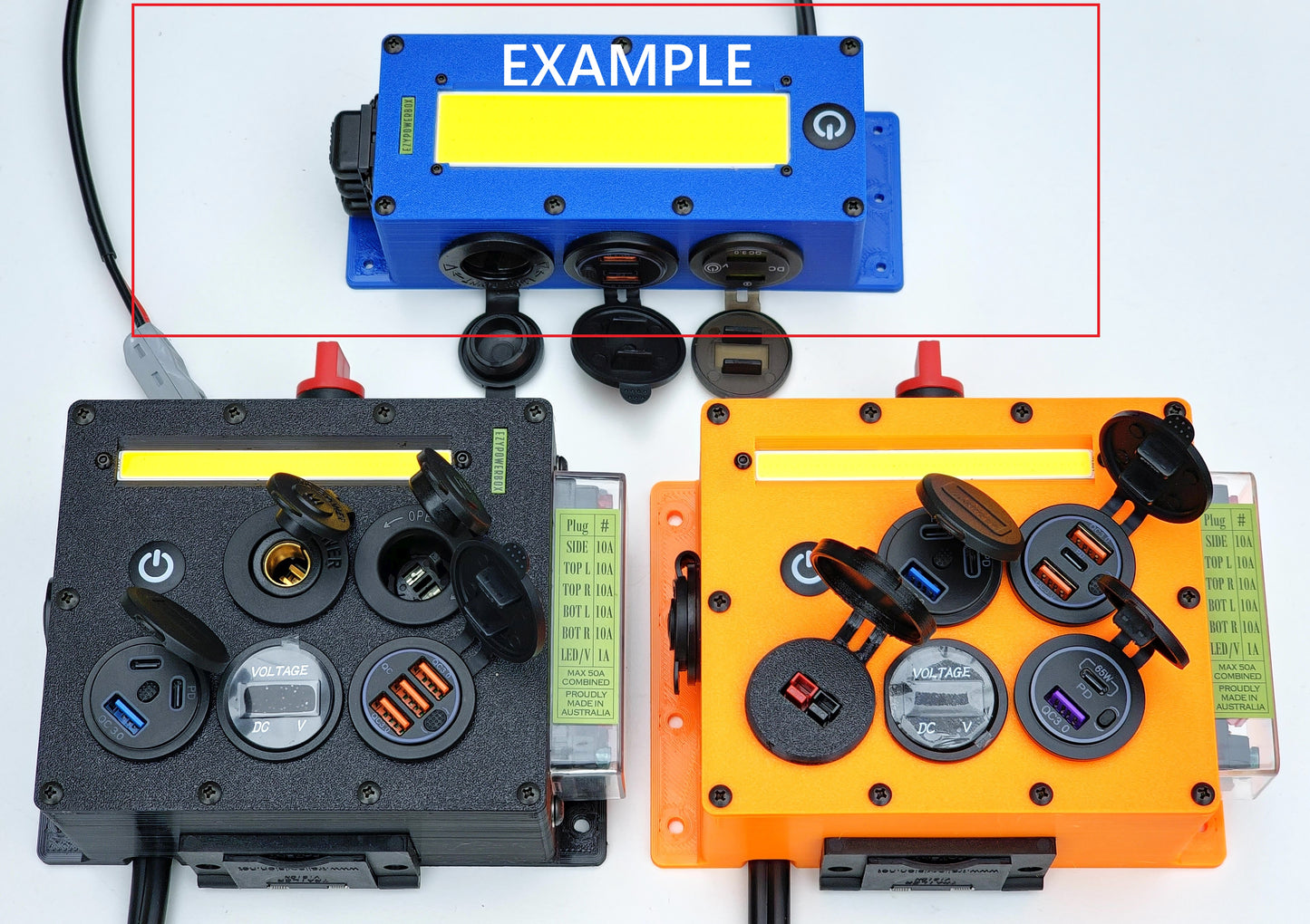 Car Camper Canopy Caravan Boat 12V 24V Power Box USB phone laptop charger cig socket LED custom offgrid