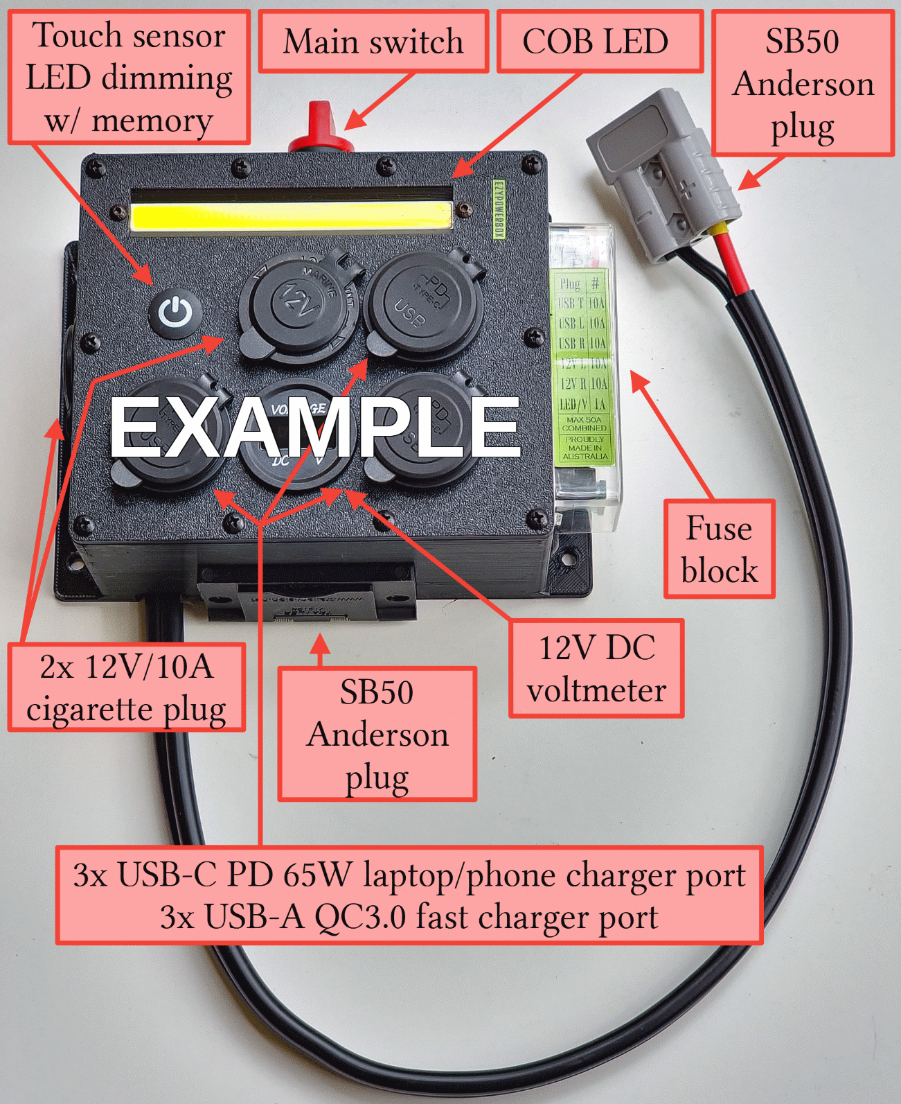 Car Camper Canopy Boat Caravan 12V Power Box USB phone laptop charger cigarette socket LED Anderson custom