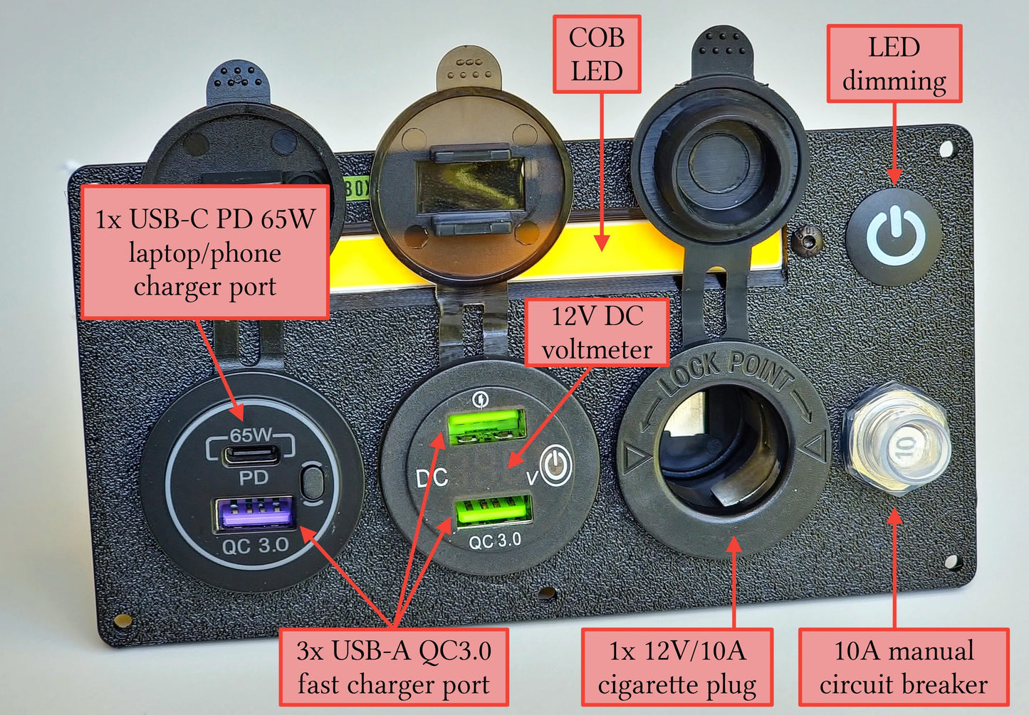 Car Camper Canopy Caravan Boat 12V 24V Power Panel USB phone laptop charger cigarette socket LED