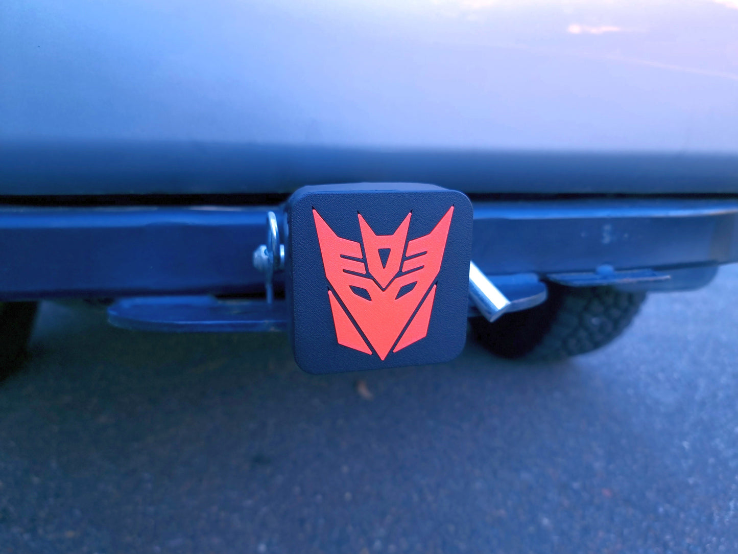 Trailer hitch tow receiver cover cap funny Transformers Decepticon custom